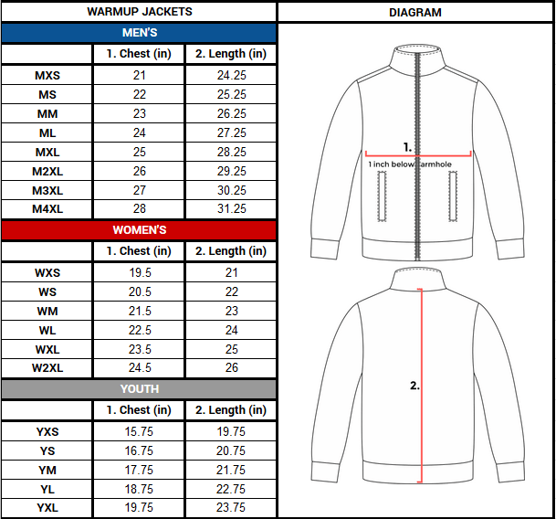 warmup Jackets Size chart