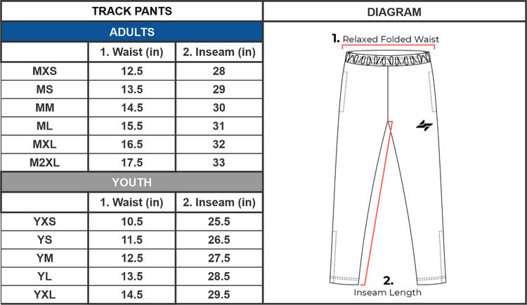 Track Pants ALL Size CHARTS