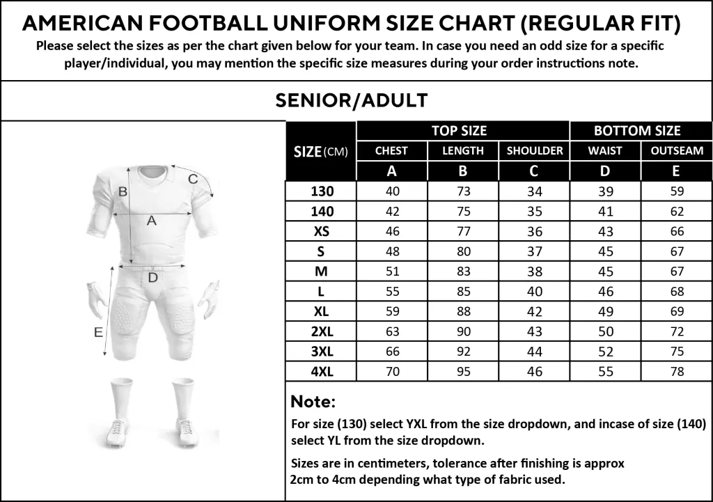 American Football uniforms size chart