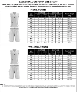 Basketball Uniform Size Chart