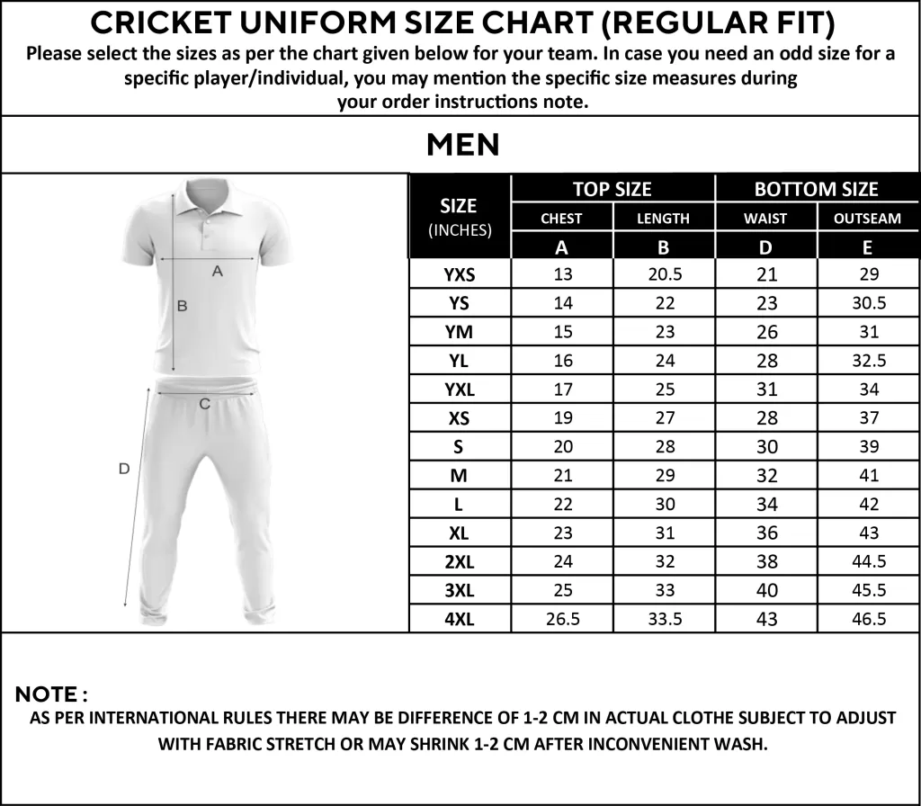 Cricket uniform size chart