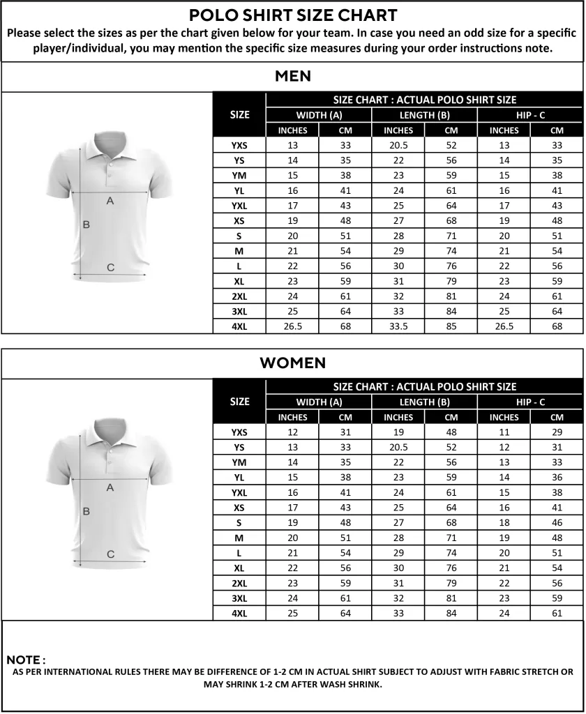 Polo shirts Size chart