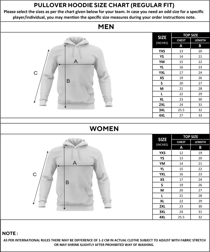 Pullover Hoodie Size chart