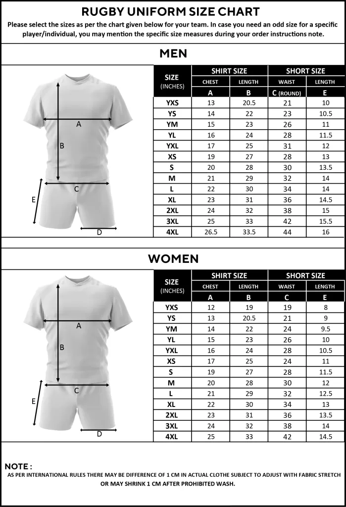 Rugby Uniforms size chart