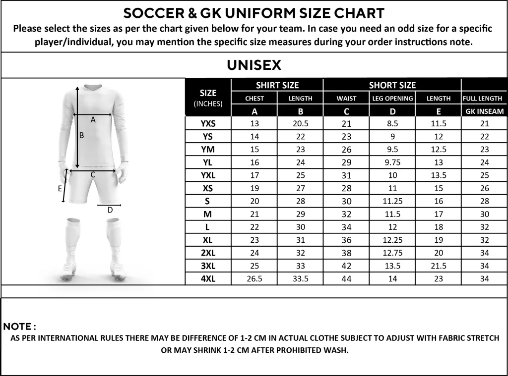 Soccer & GK Uniform Size Chart