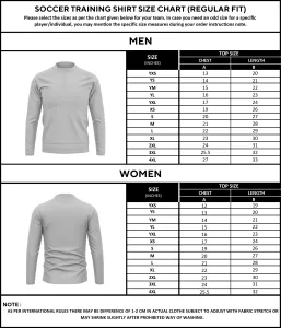 Soccer training Shirt size chart