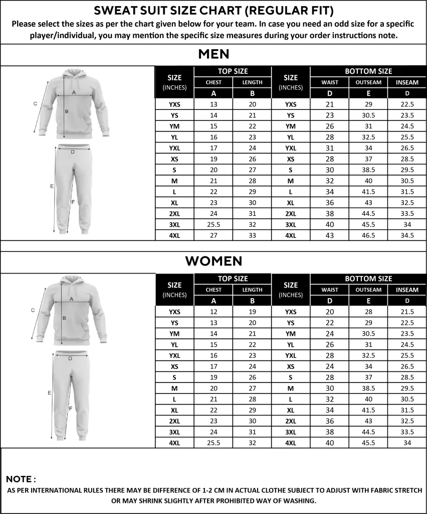 Sweat suit size chart