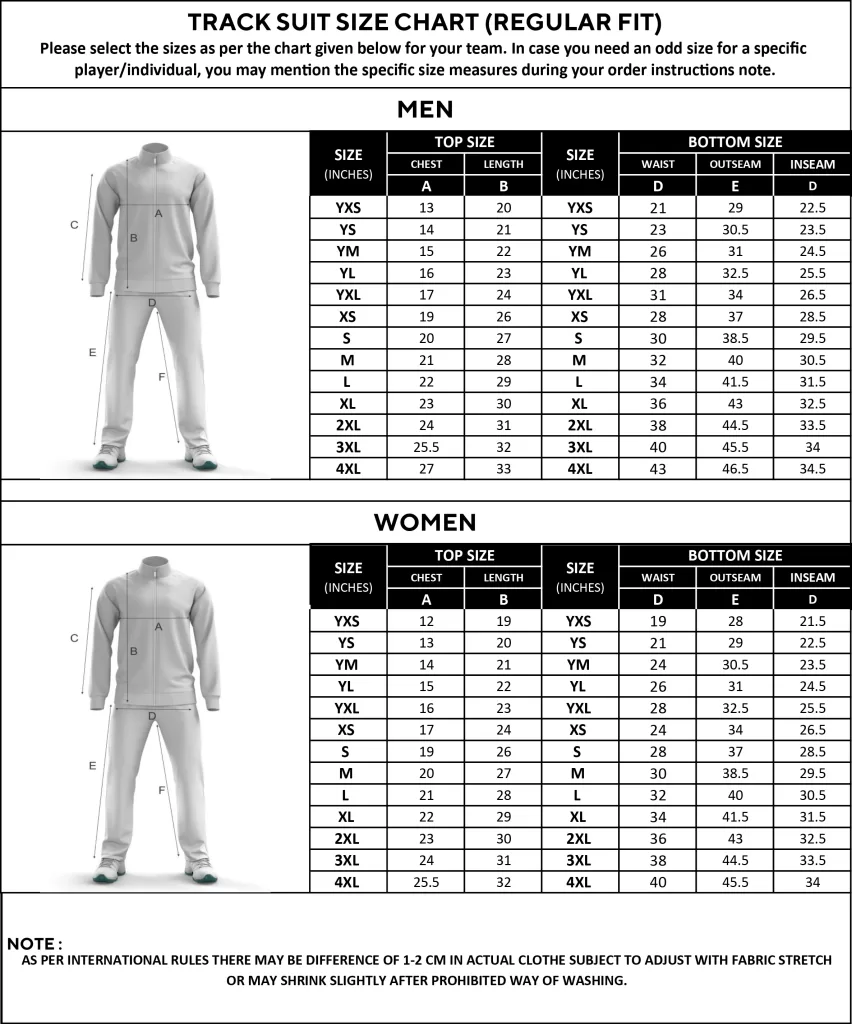 Track suit size chart